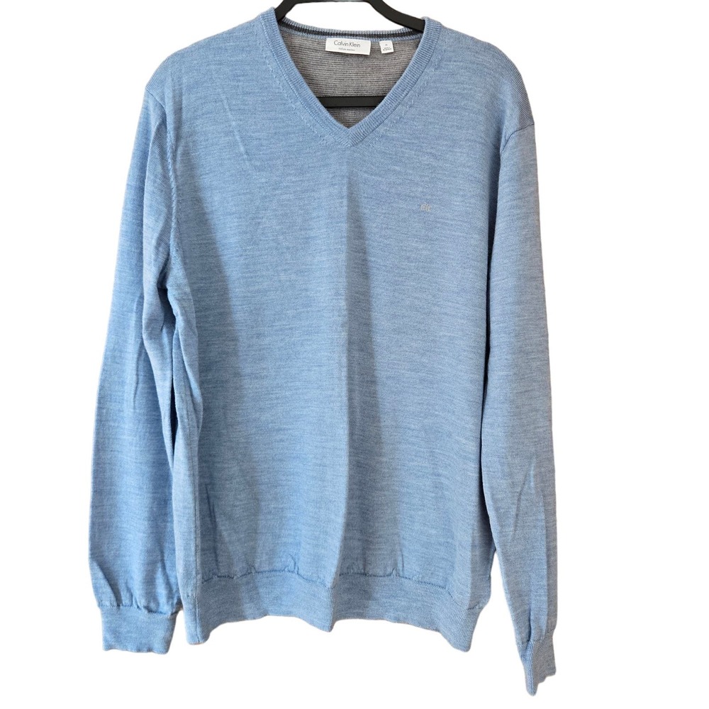 Calvin Klein Mens Merino Wool V neck Minimalist Preppy Sweater L Pastel Blue